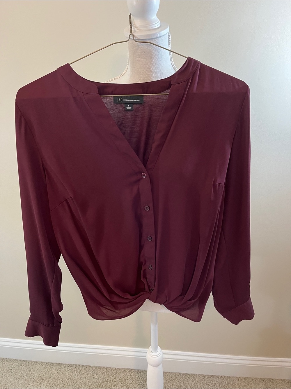 INC International Concepts Burgundy Twist-Front Button Blouse